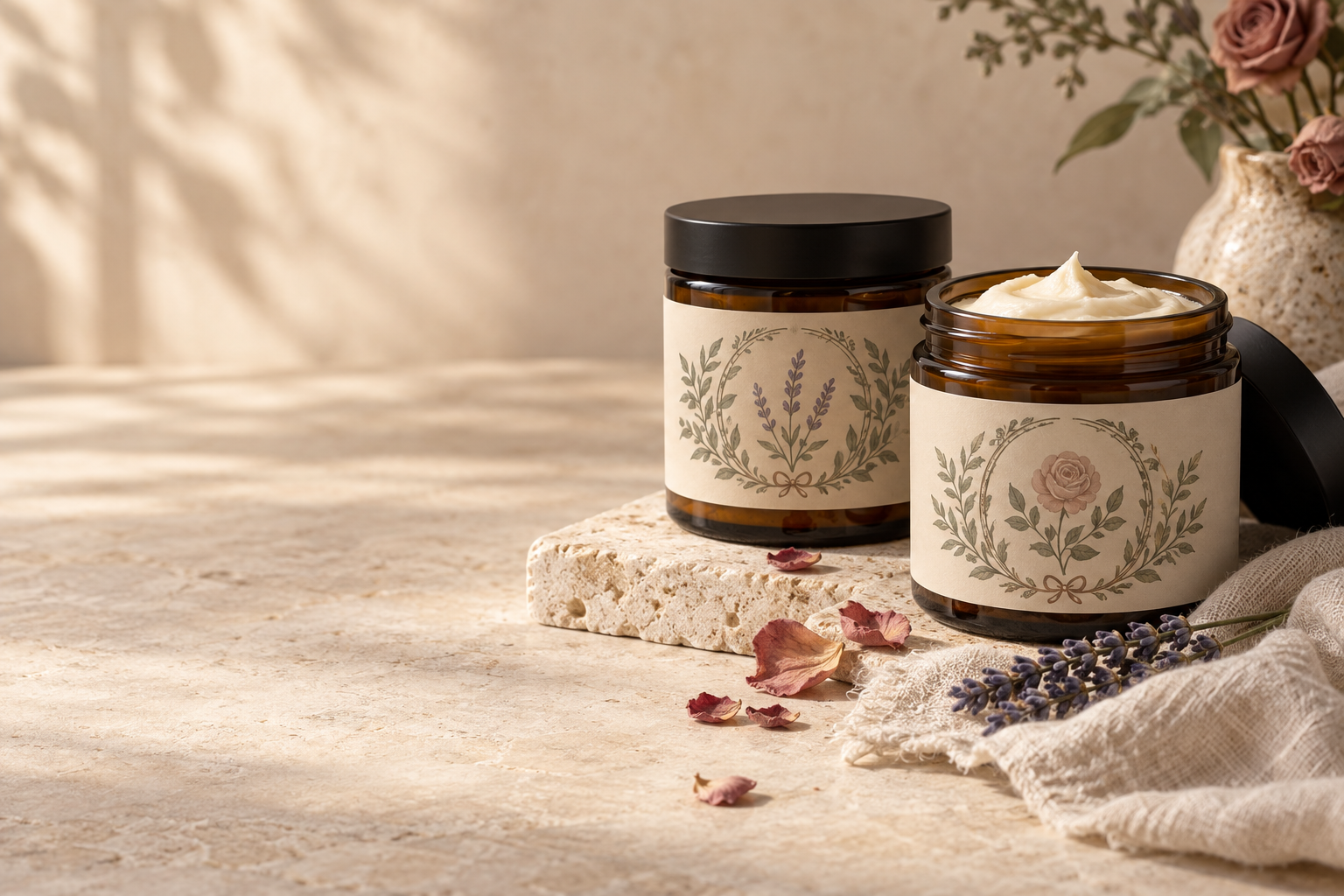 Amber jars of artisan whipped body butter with botanical labels